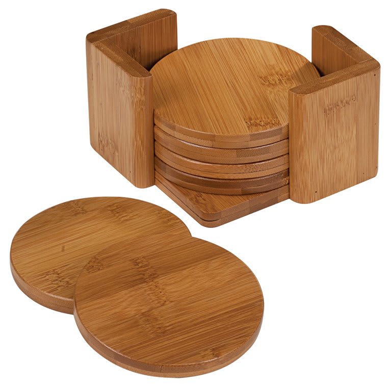 Round Bamboo 6-Coaster Set with Holder