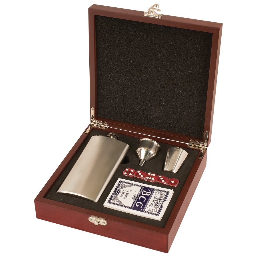 Rosewood Finish Flask Set with Cards and Dice