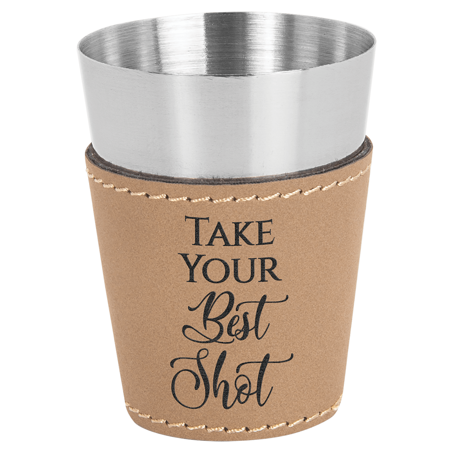 Light Brown Leatherette Wrapped Stainless Steel Shot Glass