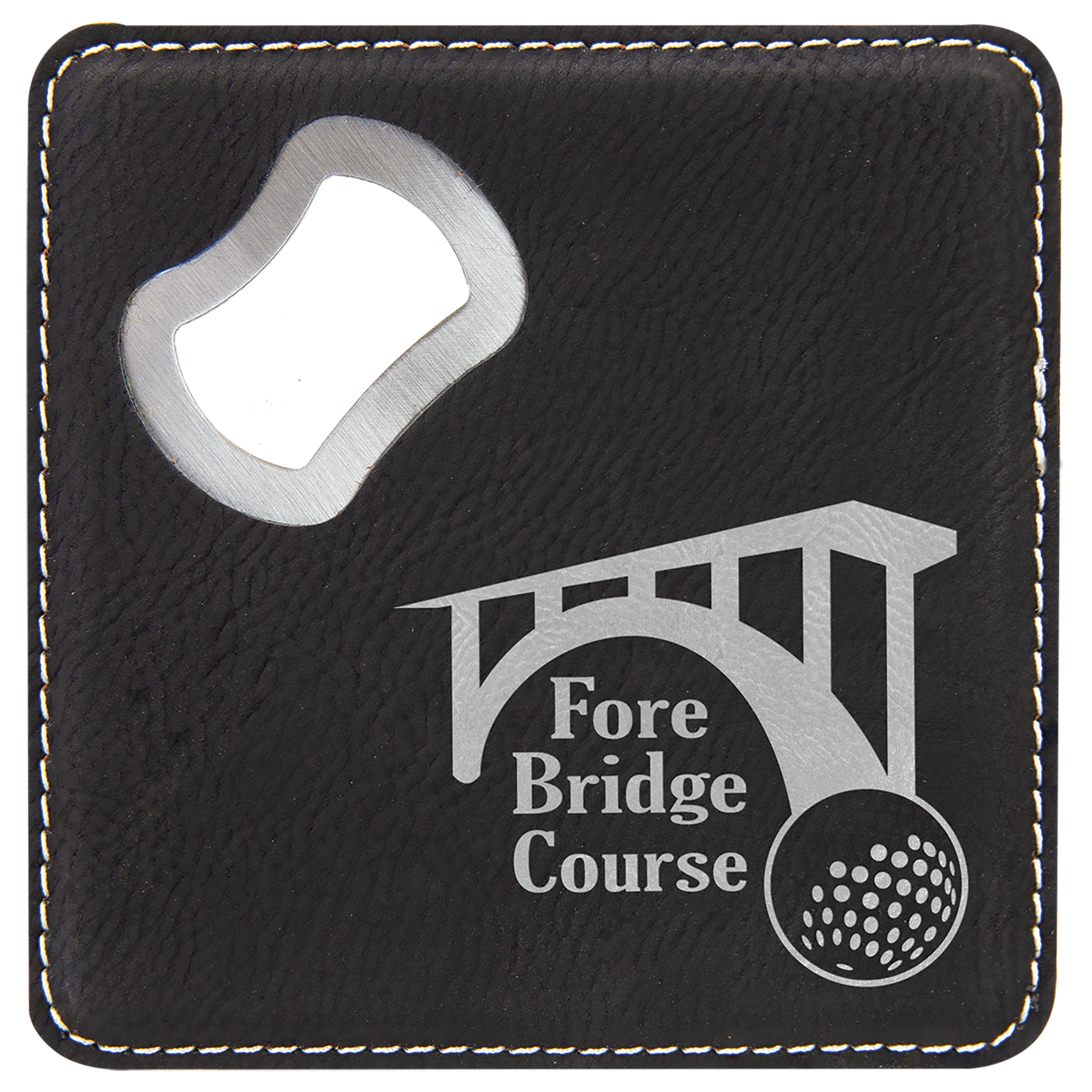 Black/Silver Leatherette Coaster with Bottle Opener