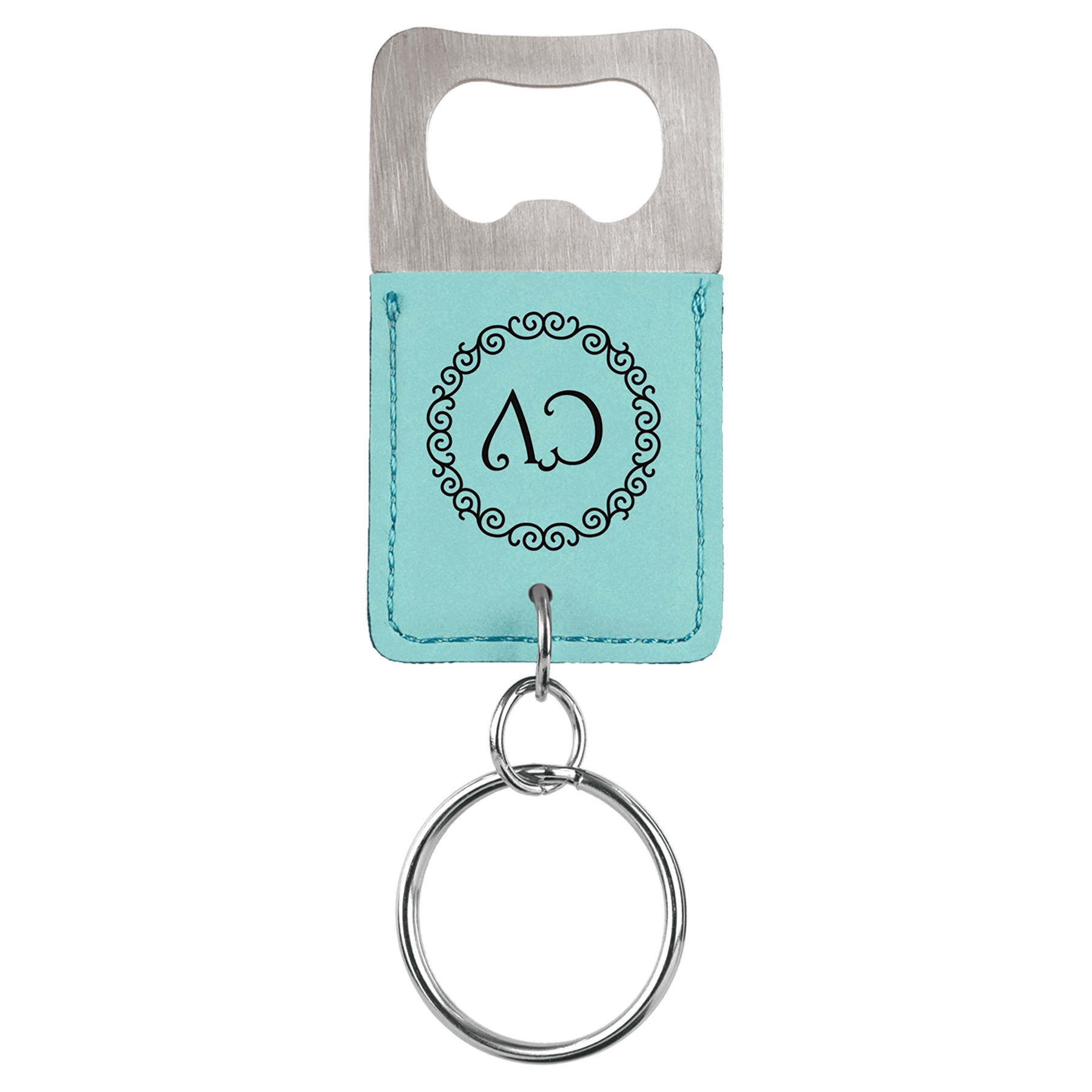 Teal Leatherette Rectangle Bottle Opener Keychain