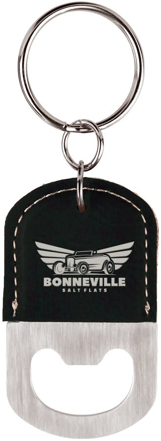 Black/Silver Leatherette Oval Bottle Opener Keychain
