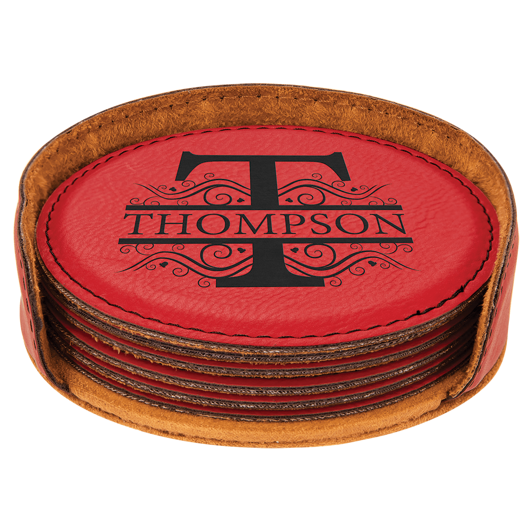 Red Round Leatherette 6-Coaster Set
