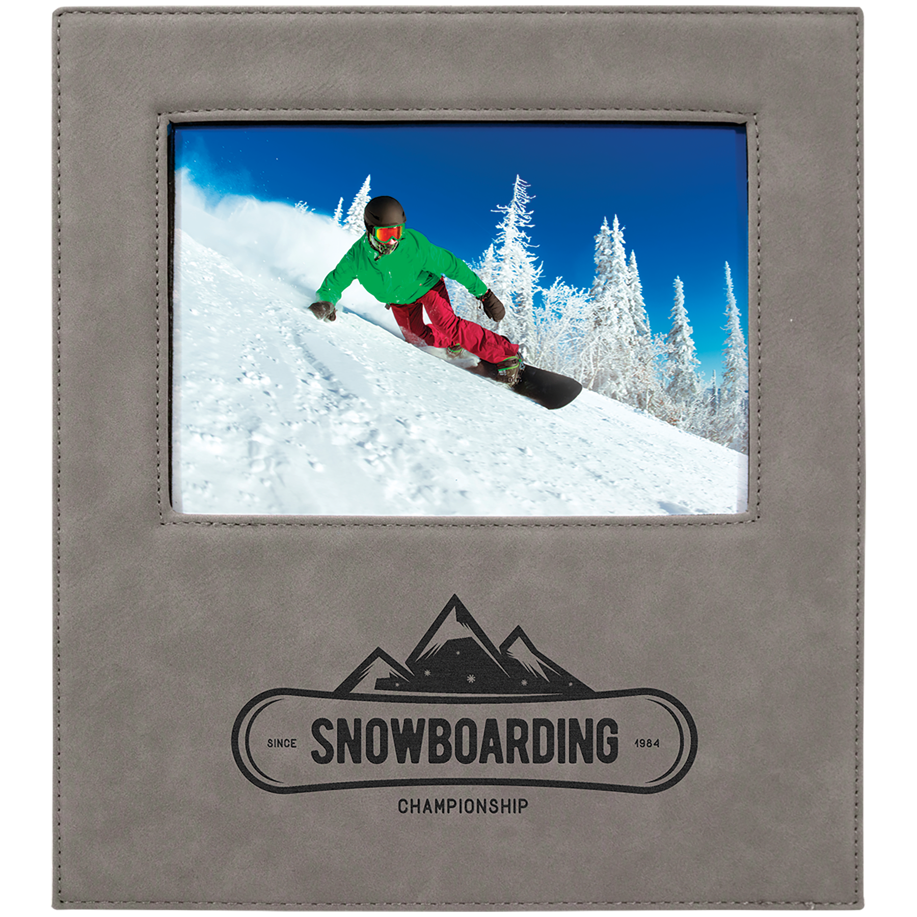 Gray Leatherette Photo Frame with Large Engraving Area