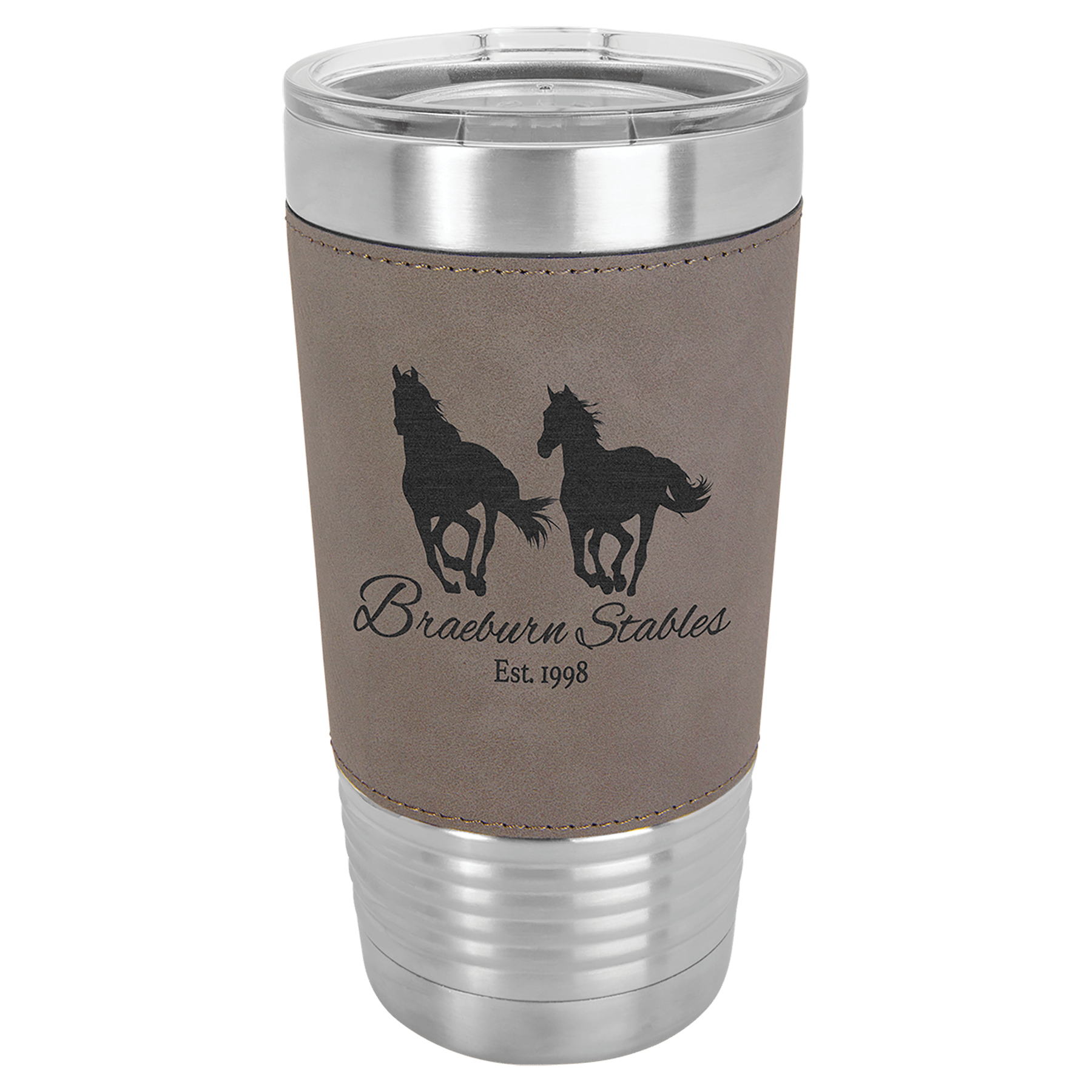 Gray Leatherette Wrapped Polar Camel Tumbler with Clear Lid