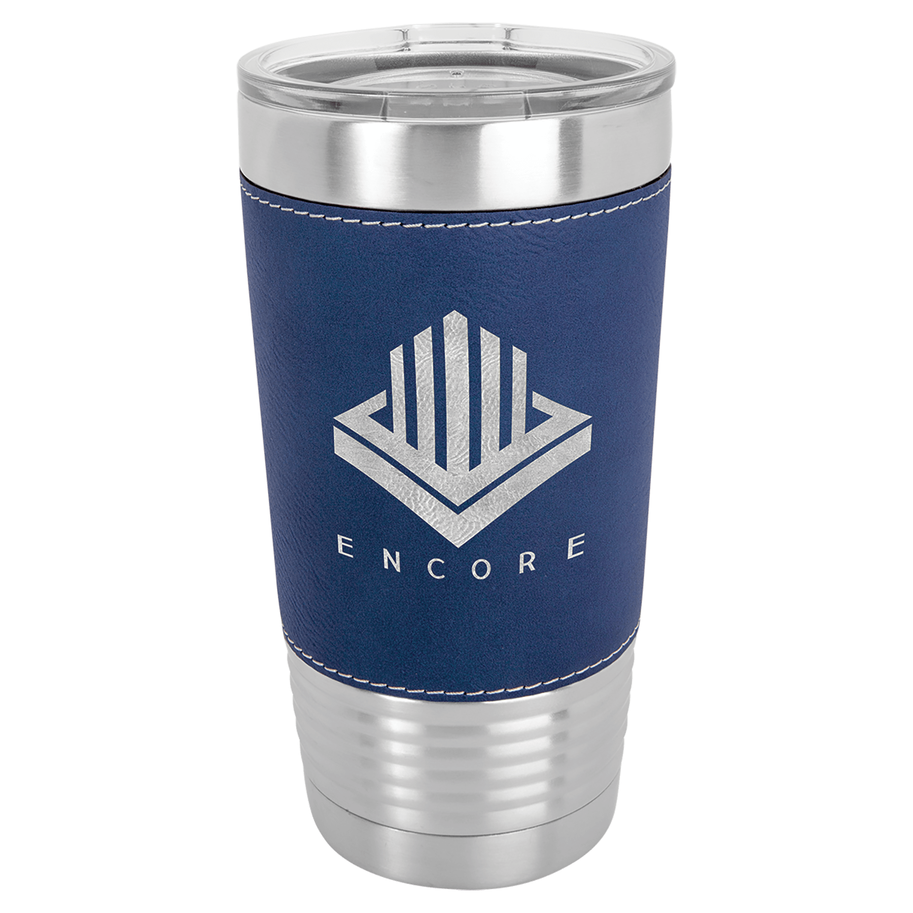 Blue/Silver Leatherette Wrapped Polar Camel Tumbler with Clear Lid
